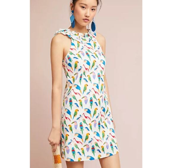Anthropologie Dresses & Skirts - Larke Anthropologie sleeveless shift dress colorful parrots birds ruffle neck XS